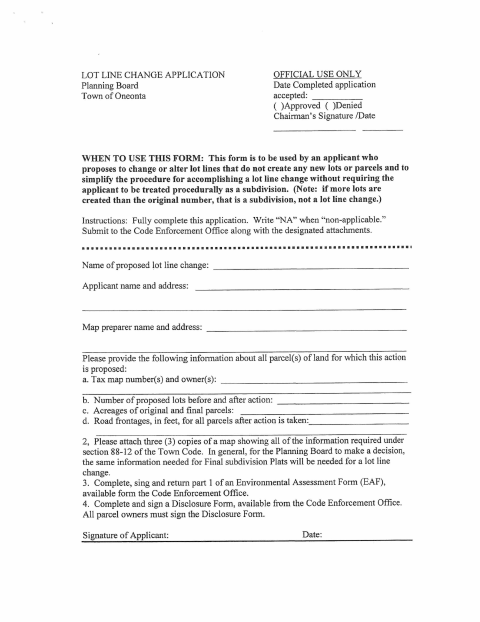 First page of the Lot Line Change Application