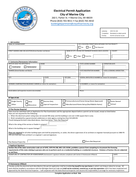 First page of the Electrical Permit Application