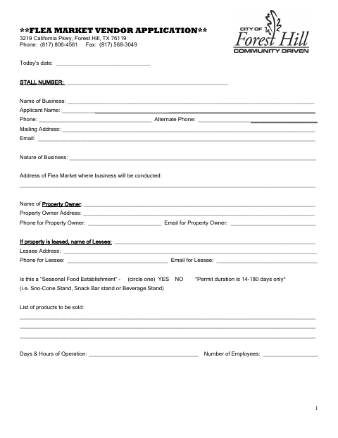 First page of the Flea Market Vendor Application