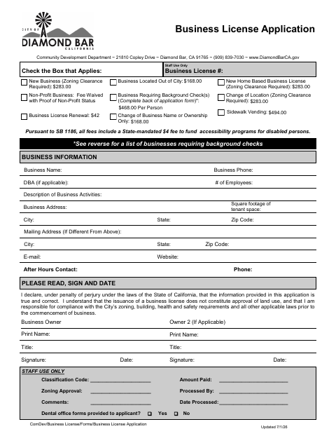 First page of the Business License Application