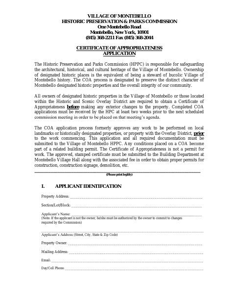 First page of the Certificate of Appropriateness Application