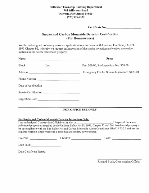 First page of the Smoke and Carbon Monoxide Detector Certification
