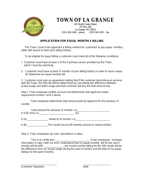 First page of the Application for Equal Monthly Billing
