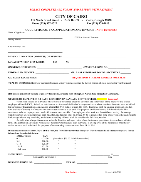 First page of the Occupational Tax License Application