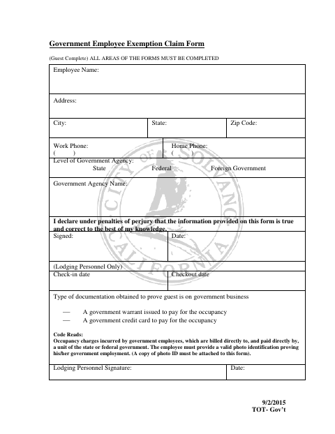 First page of the Government Employee Exemption Claim Form