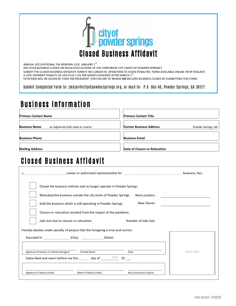 First page of the Closed Business Affidavit