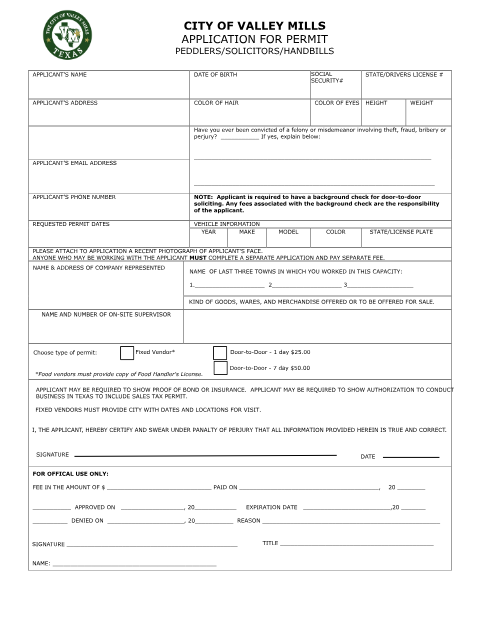 First page of the Peddler, Solicitor, and Handbill Permit Application