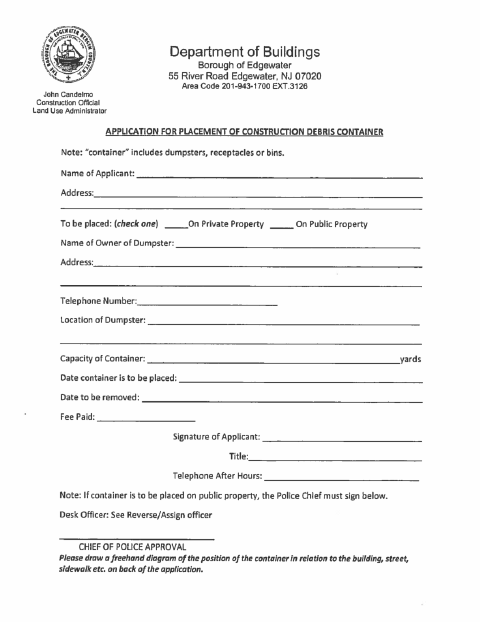 First page of the Dumpster Permit Application