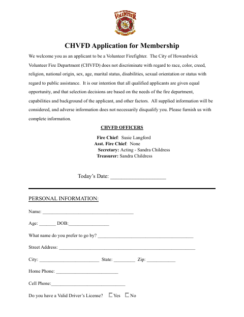 First page of the CHVFD Application for Membership