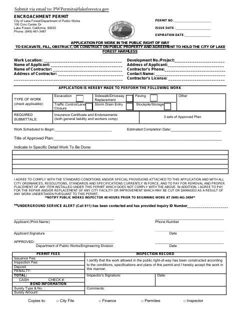 First page of the Encroachment Permit Application