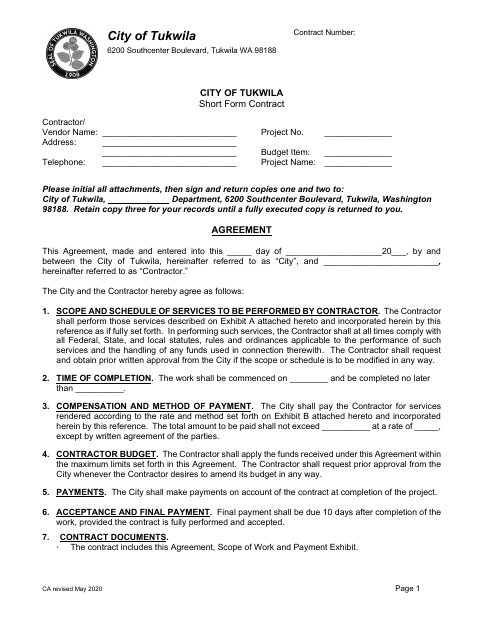 First page of the Short Form Contract