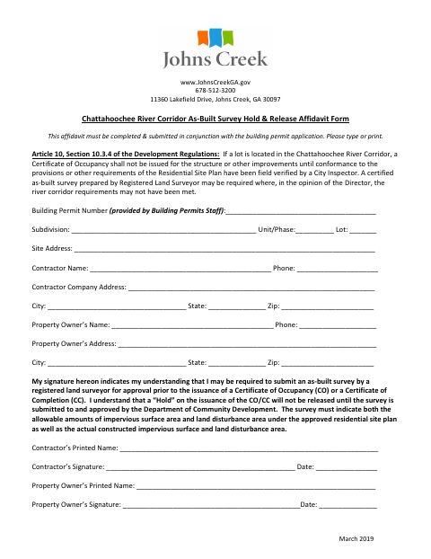 First page of the Chattahoochee River Corridor As-Built Survey Hold & Release Affidavit Form