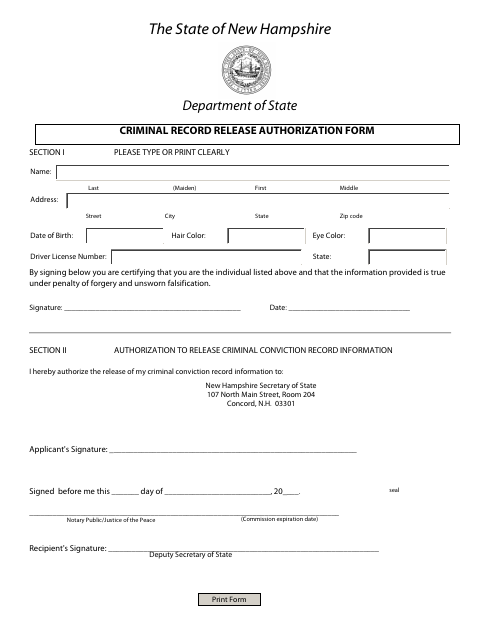 First page of the Criminal Record Release Authorization Form