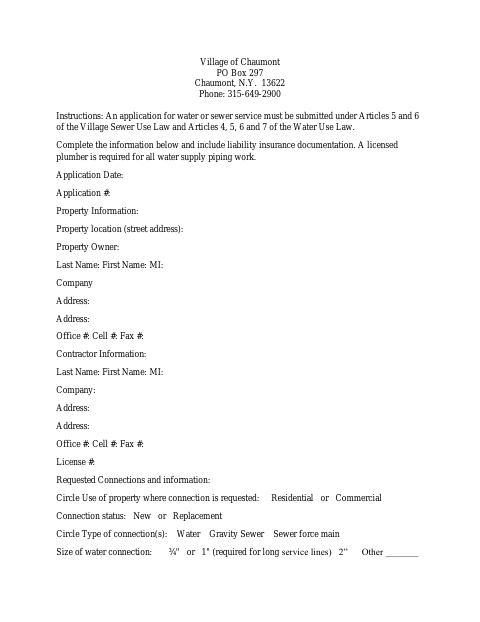 First page of the Water/Sewer Application