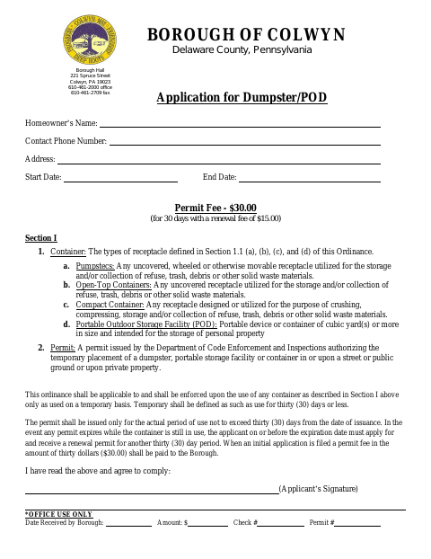 First page of the Application for Dumpster/POD