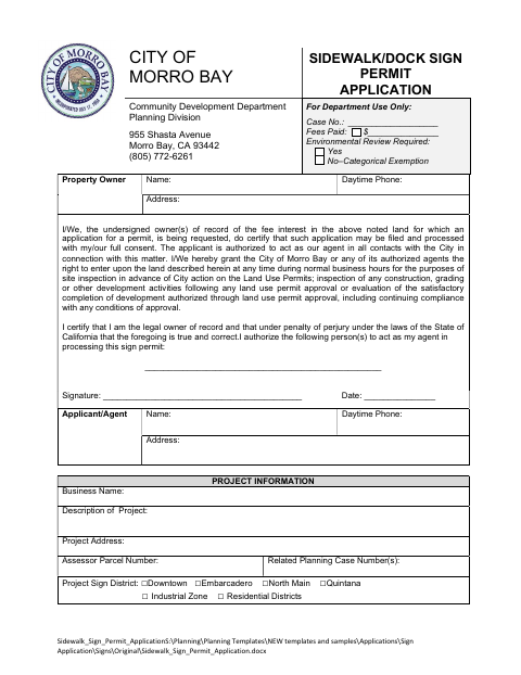 First page of the Sidewalk Sign Permit Application