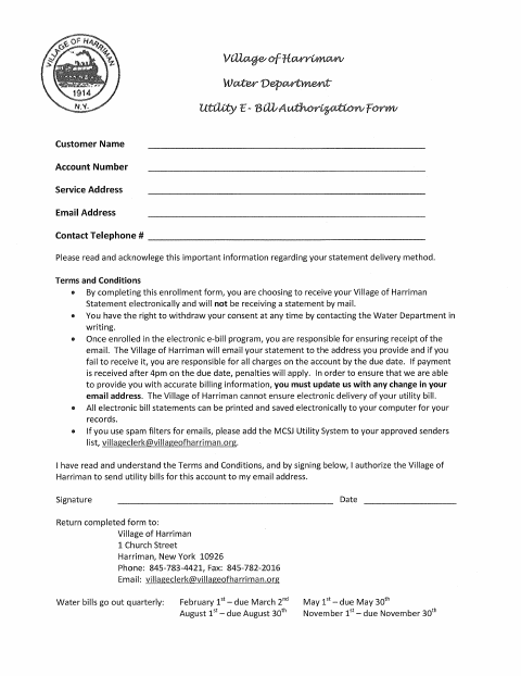 First page of the Utility E-Bill Authorization Form