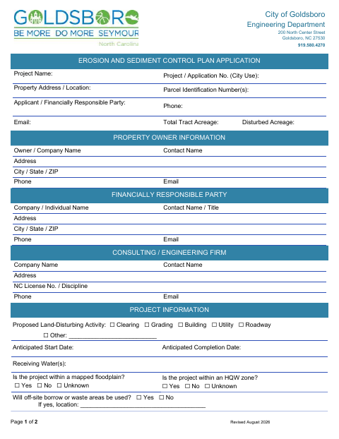 First page of the Erosion and Sediment Control Plan Application