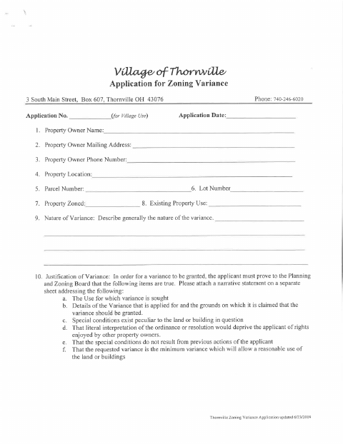 First page of the Zoning Variance Application