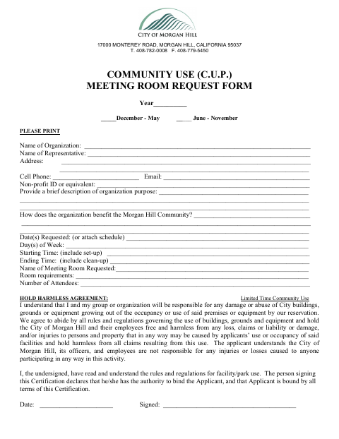 First page of the Community Use Meeting Room Request Form