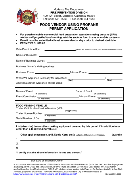 First page of the Food Vendor Using Propane Permit Application