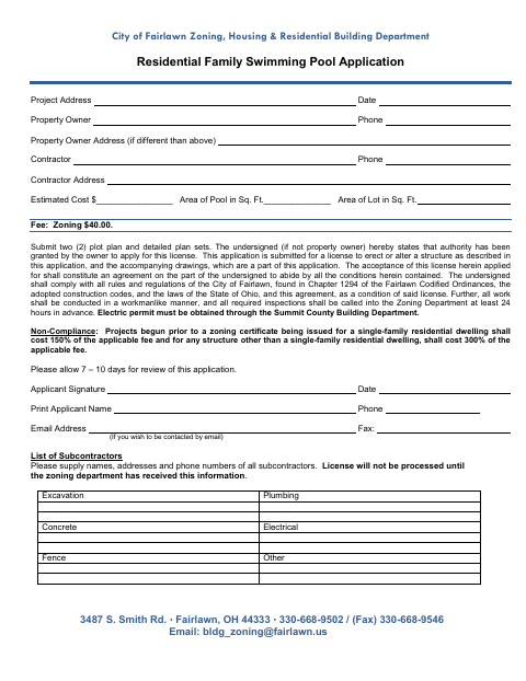First page of the Residential Family Swimming Pool Application