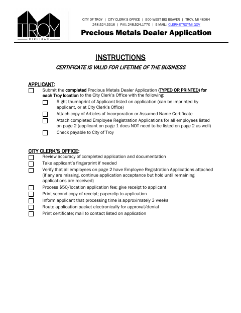 First page of the Precious Metals Dealer Application