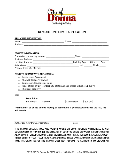 First page of the Demolition Permit Application