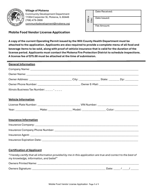 First page of the Mobile Food Vendor License Application
