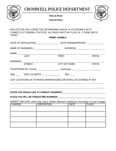 First page of the Secondhand Dealer License Application