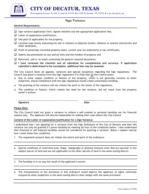 First page of the Sign Variance Checklist and Universal Application