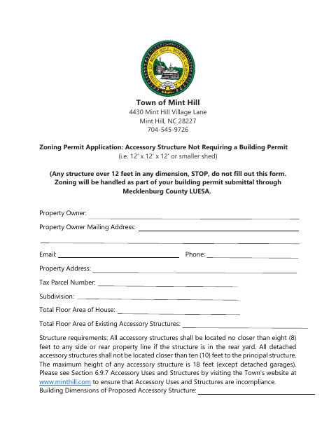 First page of the Zoning Permit Application: Accessory Structure Not Requiring a Building Permit