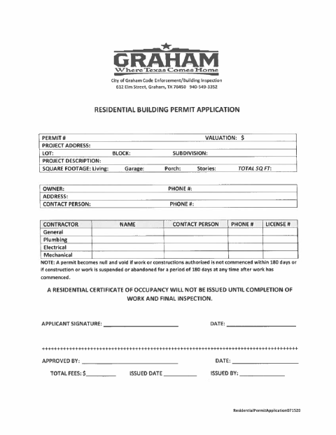 First page of the Residential Building Permit Application