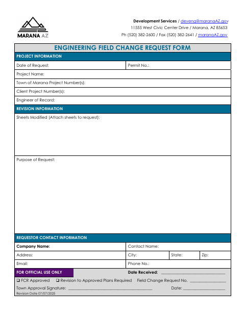 First page of the Engineering Field Change Request Form