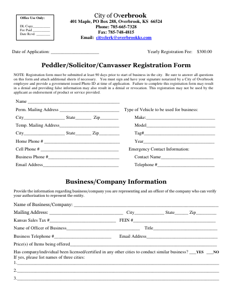 First page of the Peddler Solicitor Canvasser Registration Form