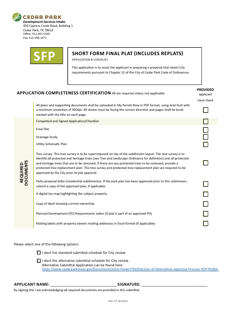 First page of the Short Form Final Plat (Includes Replats) Application & Checklist
