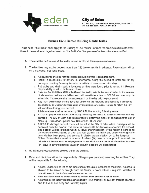 First page of the Burnes Civic Center Rental Application and Information