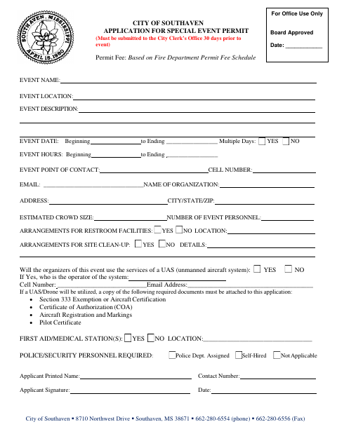 First page of the Special Event Permit Application