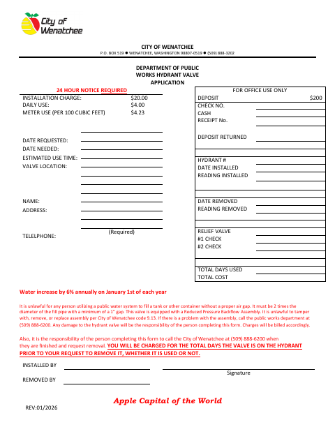First page of the Hydrant Valve Application