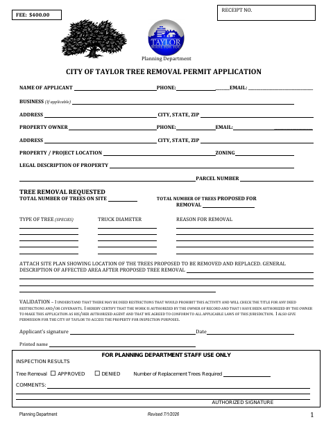 First page of the Tree Removal Permit Application