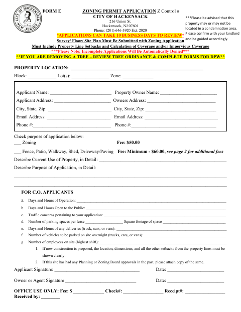 First page of the Form E Zoning Permit Application
