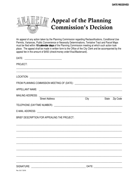 First page of the Appeal of the Planning Commission’s Decision