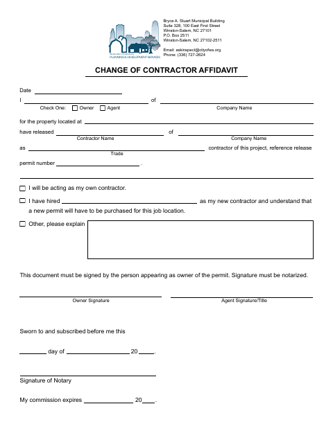 First page of the Change of Contractor Affidavit