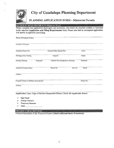 First page of the Ministerial Permit Application