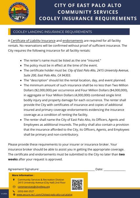 First page of the Cooley Landing Insurance Requirements