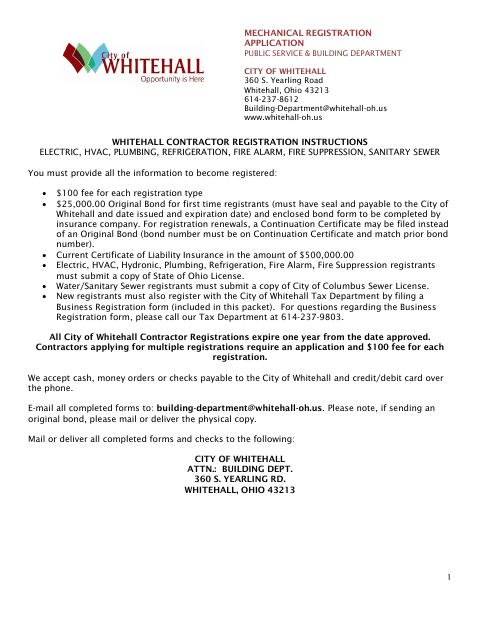 First page of the Mechanical Contractor Registration Application