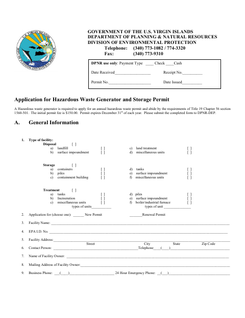 First page of the Application for Hazardous Waste Generator and Storage Permit