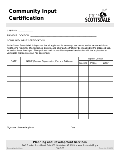 First page of the Community Input Certification