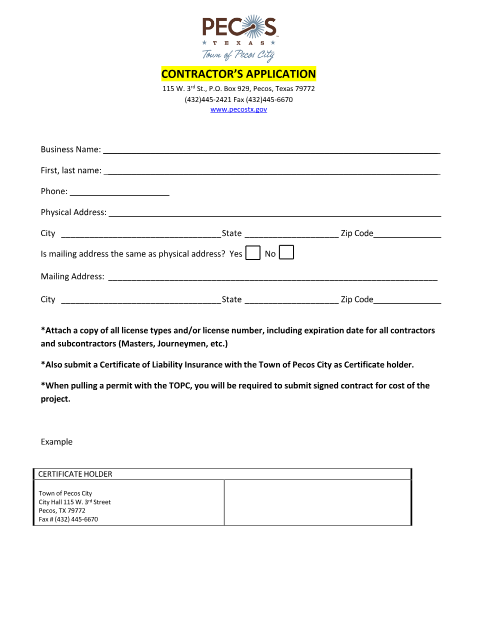 First page of the Contractor’s Application