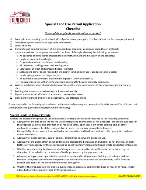 First page of the Special Land Use Permit Application
